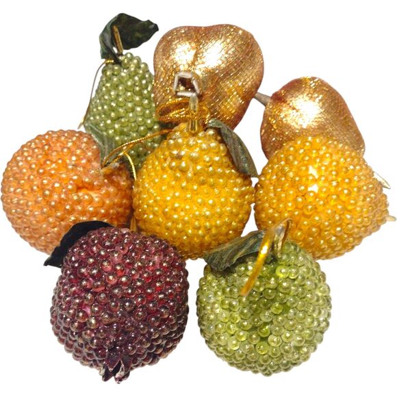 Vintage Jeweled Sugar Beaded Frosted Dew Drop Fruit Ornaments Lot Of 8 Pears Pom - Picture 1 of 11